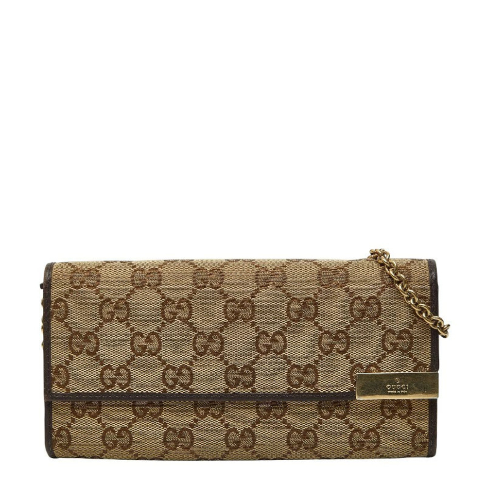 Gucci GG Canvas Chain Wallet Long Beige Cream Brown Leather